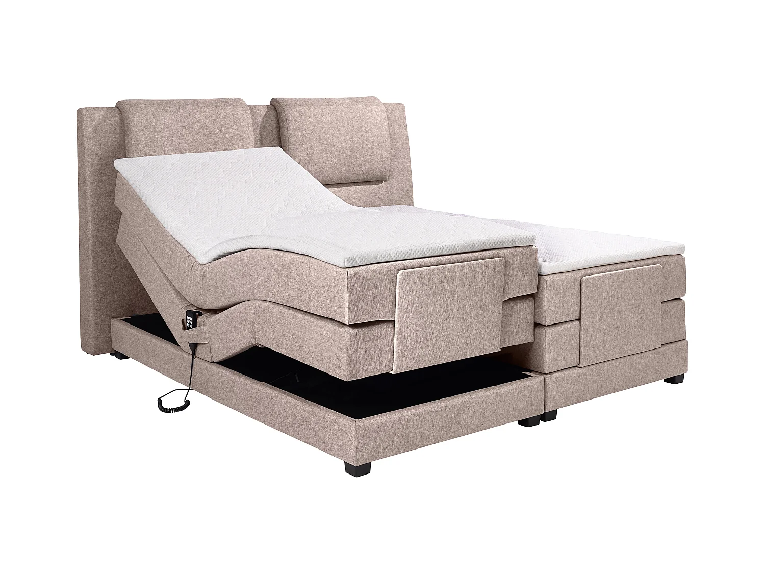 Boxspringbett mit Bettkopfteil + elektrischem Untergestell mit Relaxfunktion + Matratzen + Topper - 2 x 90 x 200 cm - Stoff - Beige - CASTEL II von PALACIO