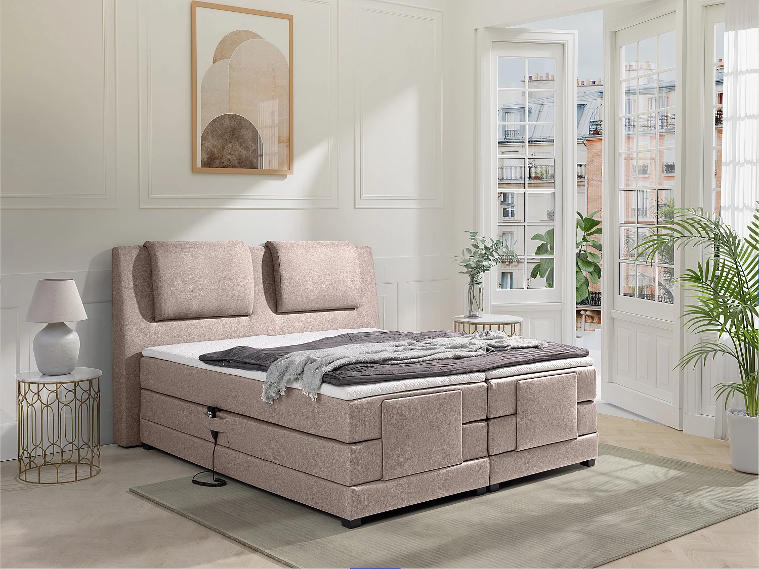 Set letto boxspring testata + reti relax elettriche + materasso + topper in tessuto beige 2 x 90 x 200cm - CASTEL di PALACIO