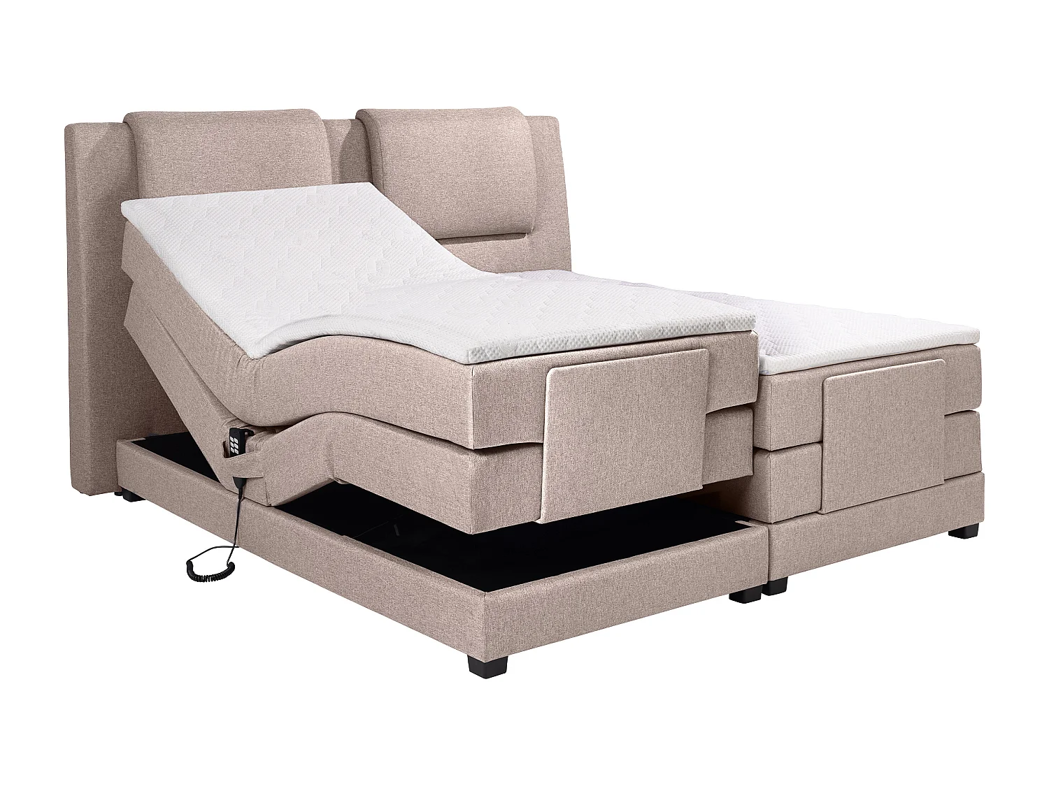 Boxspringbett mit Bettkopfteil + elektrischem Untergestell mit Relaxfunktion + Matratzen + Topper - 2 x 90 x 200 cm - Stoff - Beige - CASTEL II von PALACIO