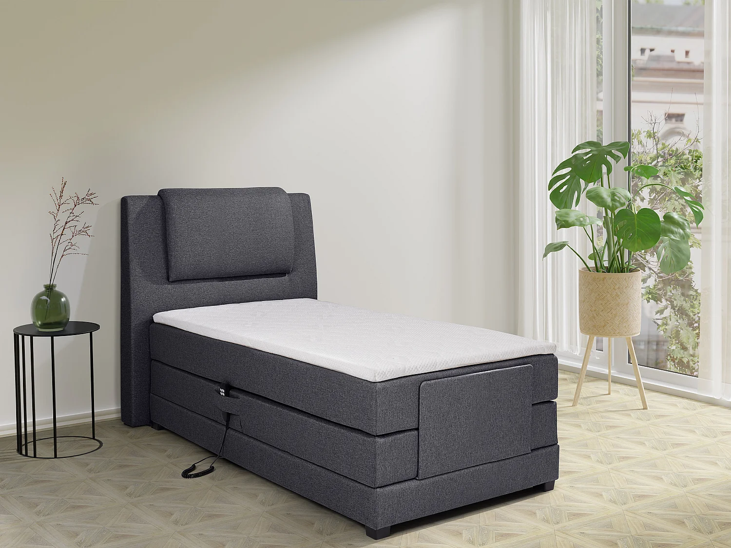 Ensemble complet boxspring tête de lit + sommiers relaxation électrique + matelas + surmatelas - 100 x 200 cm - Tissu - Anthracite - CASTEL II de PALACIO