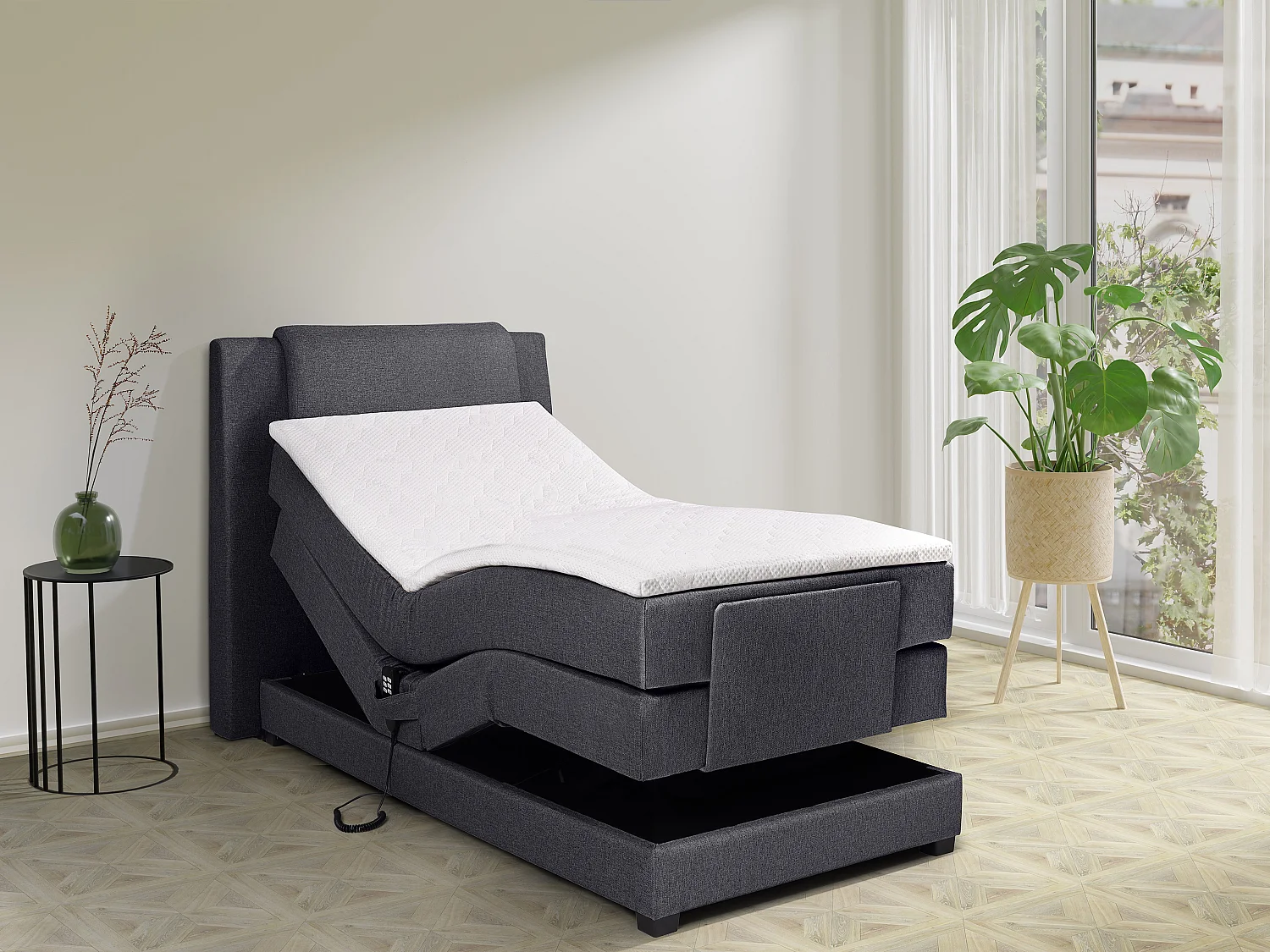 Ensemble complet boxspring tête de lit + sommiers relaxation électrique + matelas + surmatelas - 100 x 200 cm - Tissu - Anthracite - CASTEL II de PALACIO