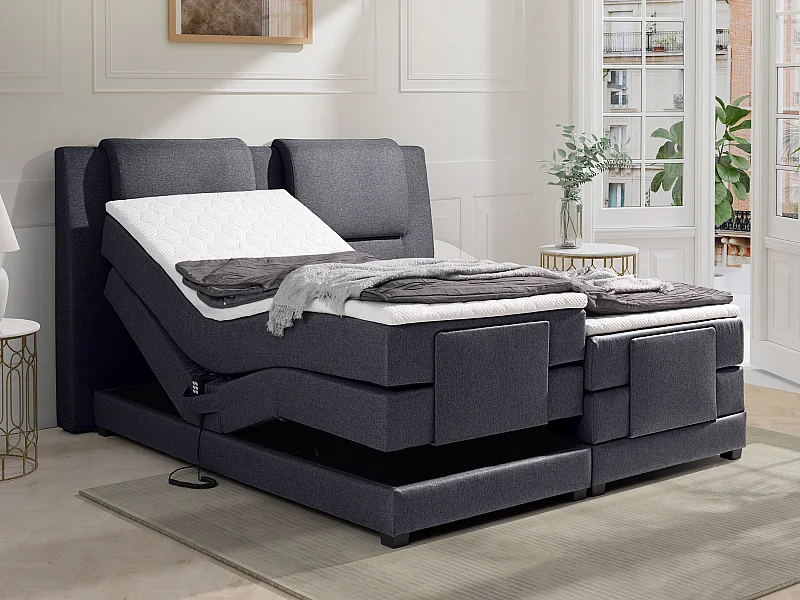 Boxspringbett mit Bettkopfteil + elektrischem Untergestell mit Relaxfunktion + Matratzen + Topper - 2 x 80 x 200 cm - Stoff - Anthrazit - CASTEL II von PALACIO