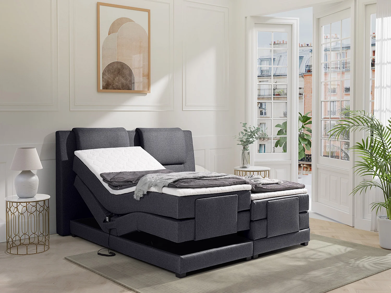 Ensemble complet boxspring tête de lit + sommiers relaxation électrique + matelas + surmatelas - 2 x 80 x 200 cm - Tissu - Anthracite - CASTEL II de PALACIO