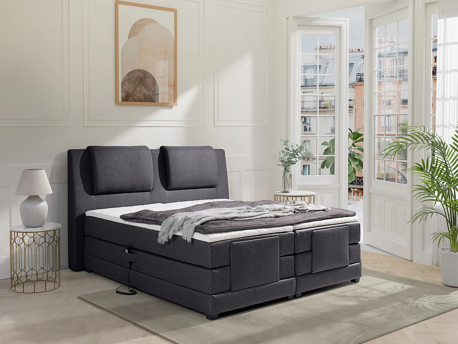 Elektriskt ställbar kontinentalsäng 2 x 180 x 200 cm  med gavel ljusgrå sammet CASTEL II från Palacio
