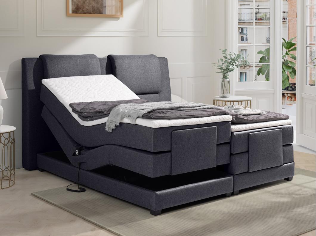 Ensemble complet boxspring tête de lit + sommiers relaxation électrique + matelas + surmatelas - 2 x 80 x 200 cm - Tissu - Anthracite - CASTEL II de PALACIO