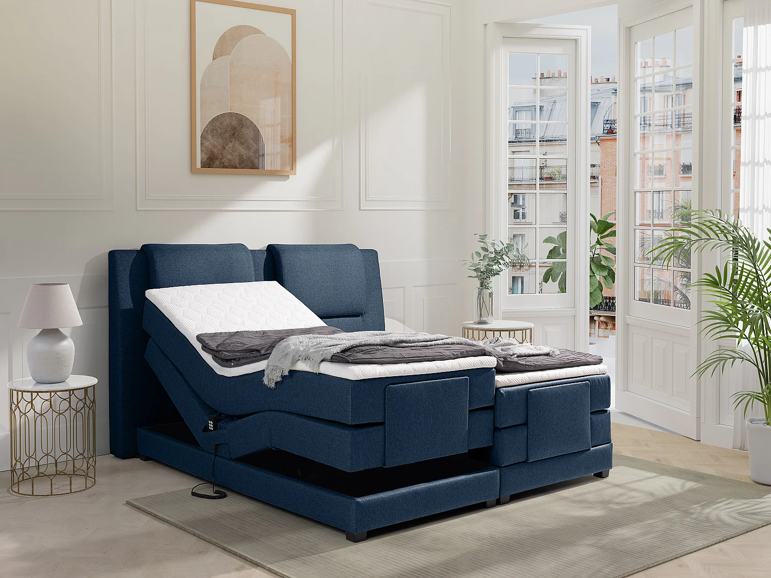 Ensemble complet boxspring tête de lit + sommiers relaxation électrique + matelas + surmatelas - 2 x 80 x 200 cm - Tissu - Bleu - CASTEL II de PALACIO