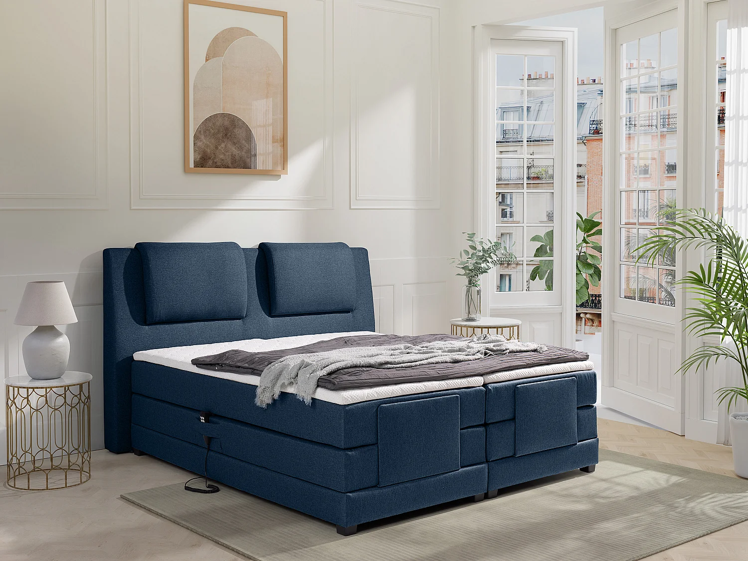 Ensemble complet boxspring tête de lit + sommiers relaxation électrique + matelas + surmatelas - 2 x 80 x 200 cm - Tissu - Bleu - CASTEL II de PALACIO