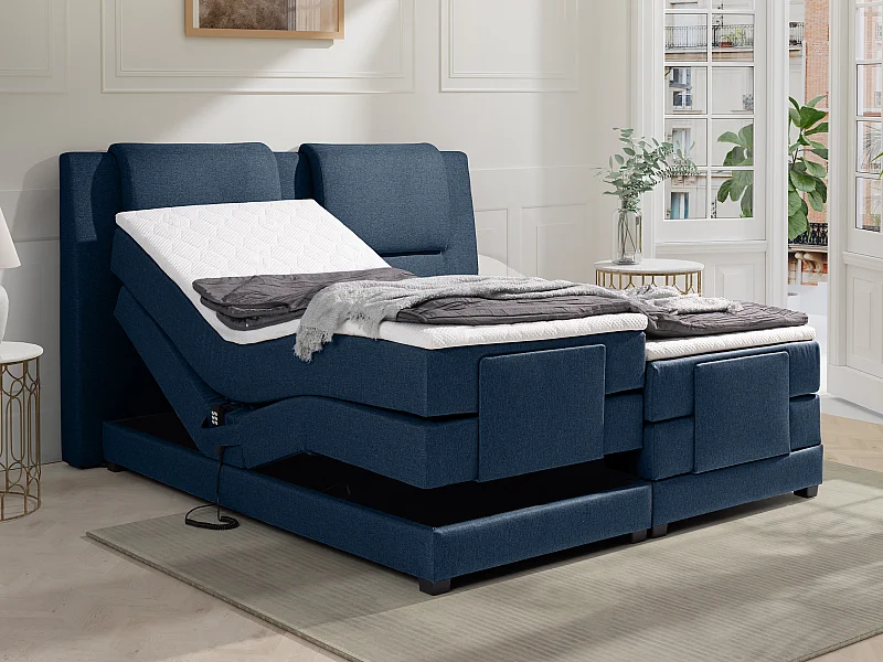 [NEW VERSION][NEW VERSION]Tweepersoons boxspring met elektrische bedbodem + matras en dekmatras CASTEL PALACIO - 2x80x200cm - Blauwe stof