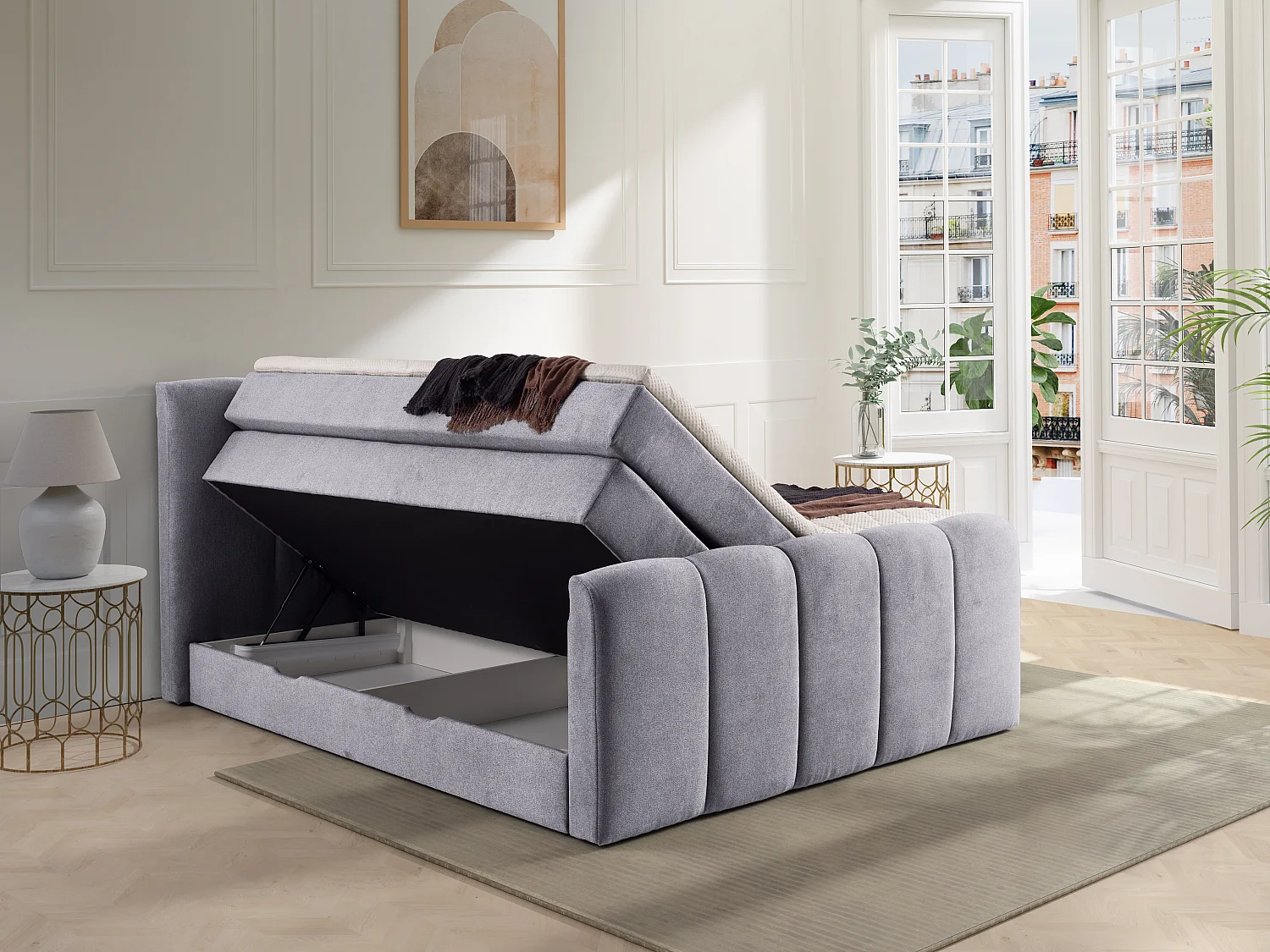 [NEW VERSION]Boxspring completo con cabecero de cama+ somieres arcón + colchón + cubrecolchón VERONE - gris claro - 160x200 cm