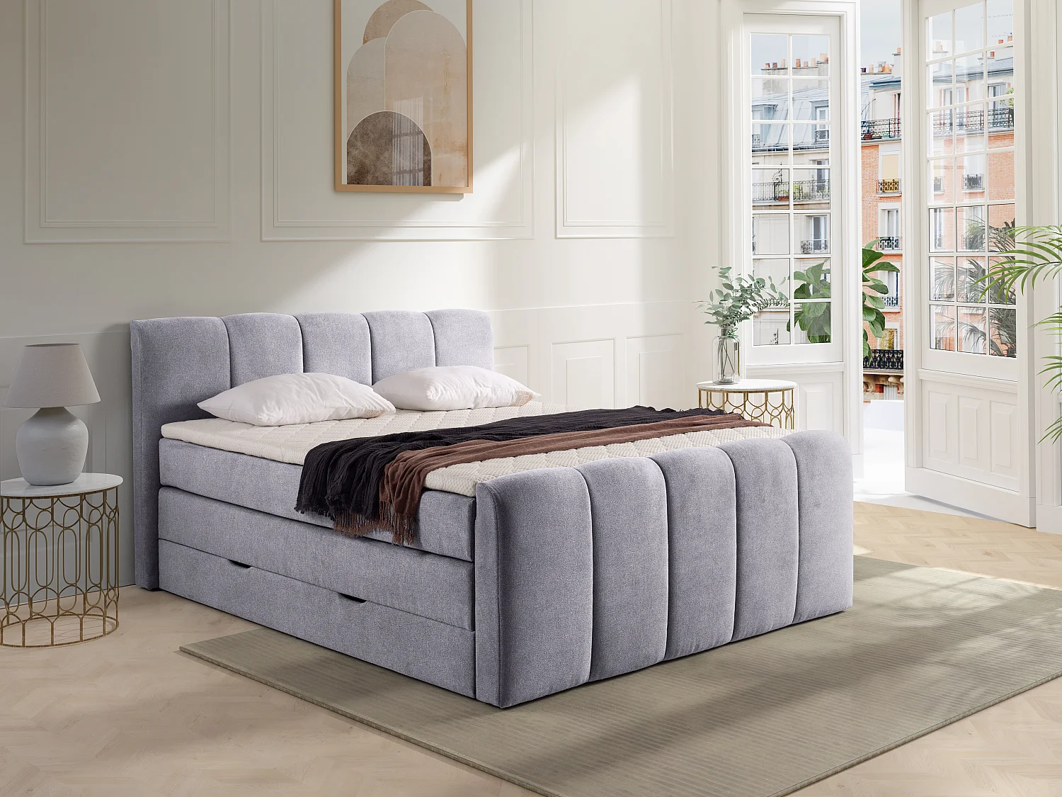 Ensemble complet boxspring tête de lit capitonnée + sommiers coffre + matelas + surmatelas - 160 x 200 cm - Tissu - Gris clair - VERONE II de PALACIO