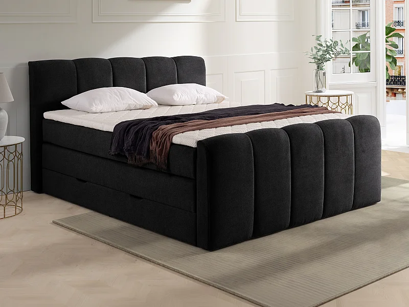 Ensemble complet boxspring tête de lit capitonnée + sommiers coffre + matelas + surmatelas - 160 x 200 cm - Tissu - Anthracite - VERONE II de PALACIO