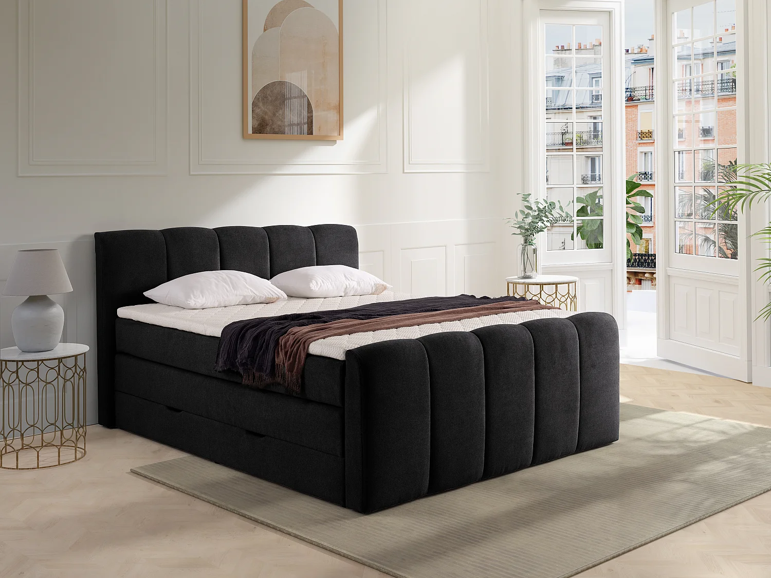 Ensemble complet boxspring tête de lit capitonnée + sommiers coffre + matelas + surmatelas - 160 x 200 cm - Tissu - Anthracite - VERONE II de PALACIO