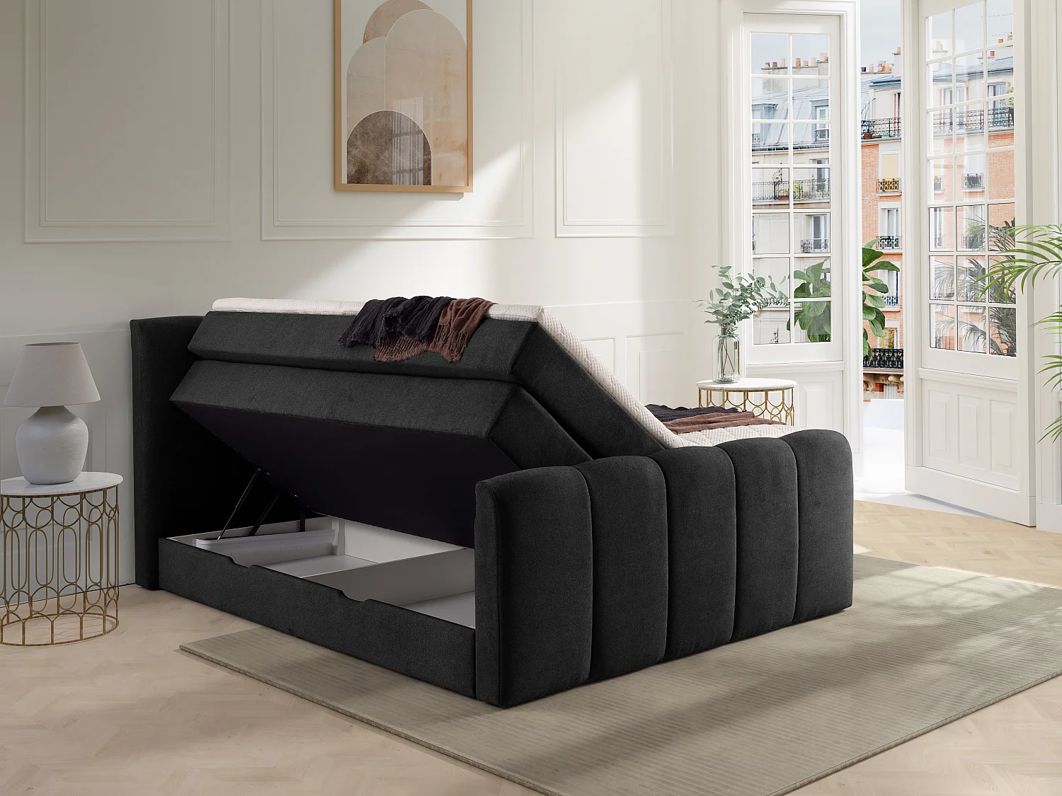 Ensemble complet boxspring tête de lit capitonnée + sommiers coffre + matelas + surmatelas - 160 x 200 cm - Tissu - Anthracite - VERONE II de PALACIO