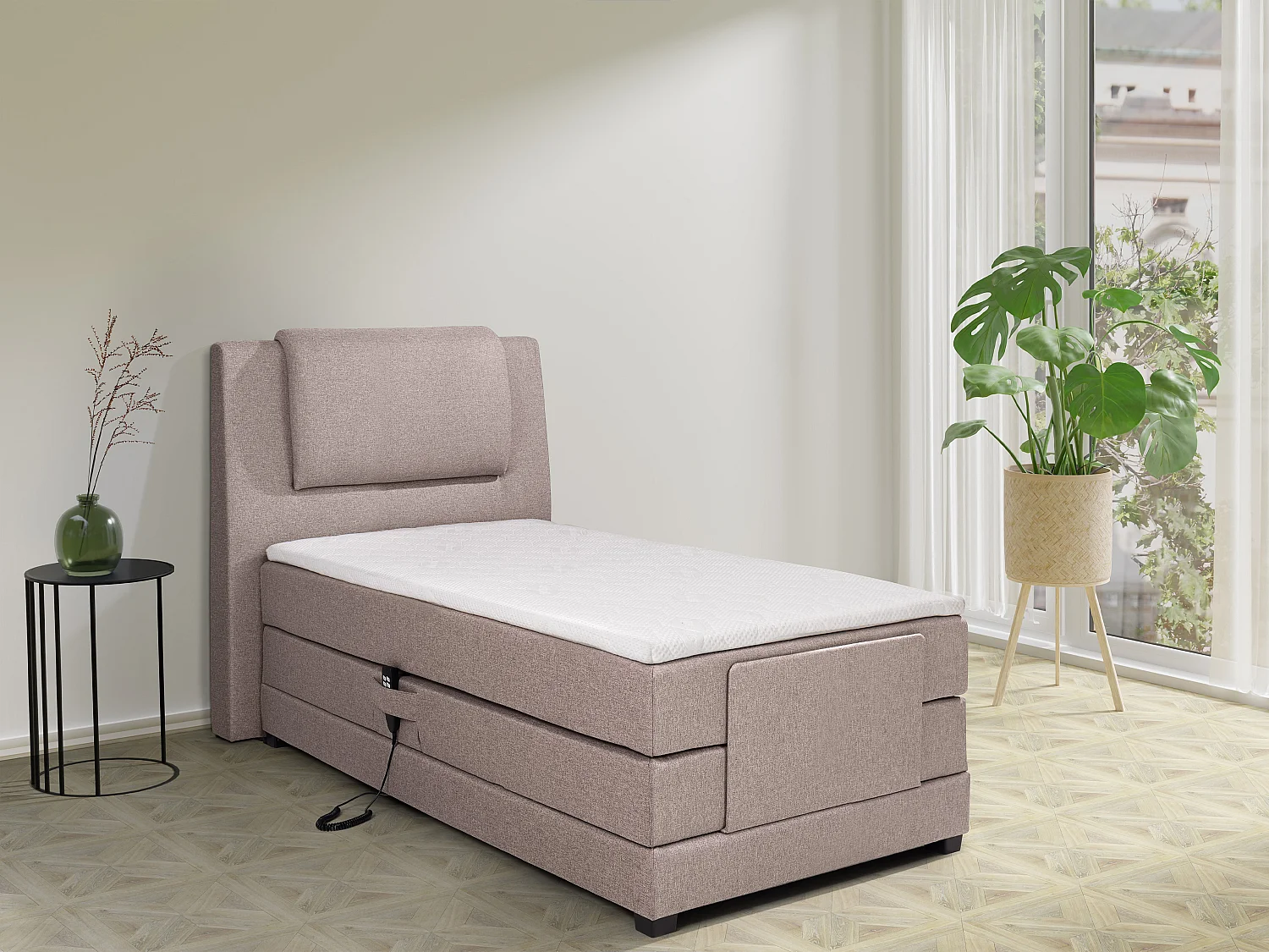 Ensemble complet boxspring tête de lit + sommiers relaxation électrique + matelas + surmatelas - 100 x 200 cm - Tissu - Beige - CASTEL II de PALACIO