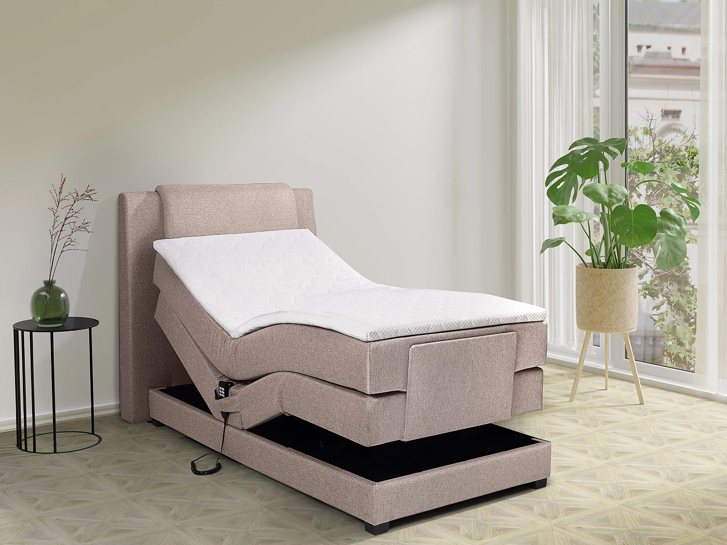 Boxspringbett mit Bettkopfteil + elektrischem Untergestell mit Relaxfunktion + Matratze + Topper - 100 x 200 cm - Stoff - Beige - CASTEL II von PALACIO