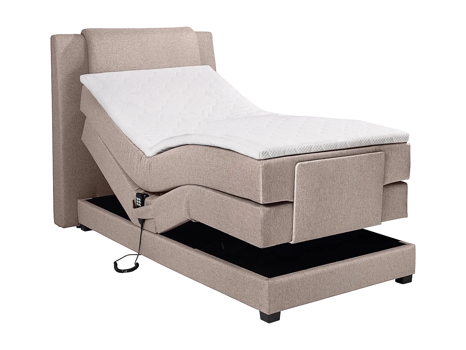 Boxspringbett mit Bettkopfteil + elektrischem Untergestell mit Relaxfunktion + Matratze + Topper - 100 x 200 cm - Stoff - Beige - CASTEL II von PALACIO