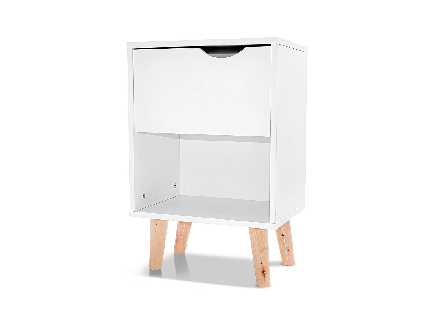 Andrea - Mesita de noche de diseño en madera con cajón y gran estante blanca con pies de madera de pino neutra.