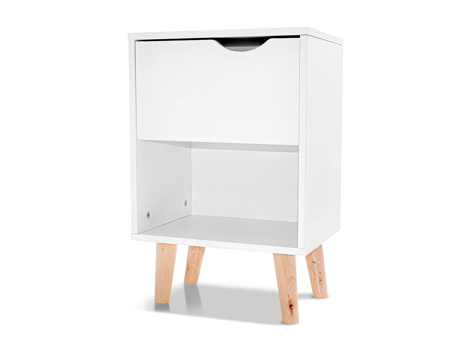 Andrea - Mesita de noche de diseño en madera con cajón y gran estante blanca con pies de madera de pino neutra.