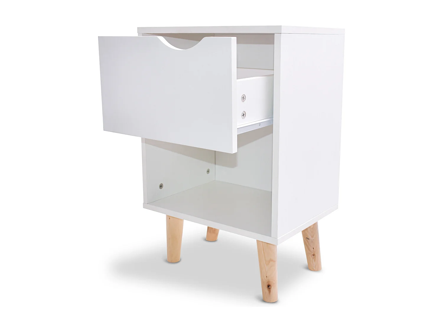 Andrea - Mesita de noche de diseño en madera con cajón y gran estante blanca con pies de madera de pino neutra.