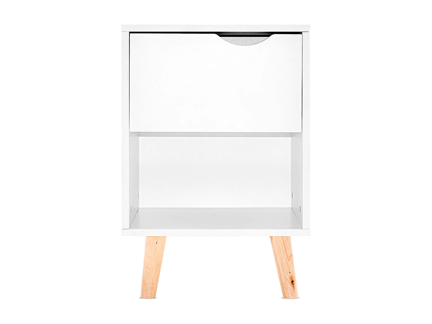 Andrea - Mesita de noche de diseño en madera con cajón y gran estante blanca con pies de madera de pino neutra.