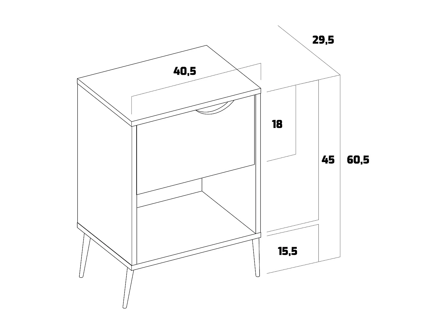 Andrea - Mesita de noche de diseño en madera con cajón y gran estante blanca con pies de madera de pino neutra.