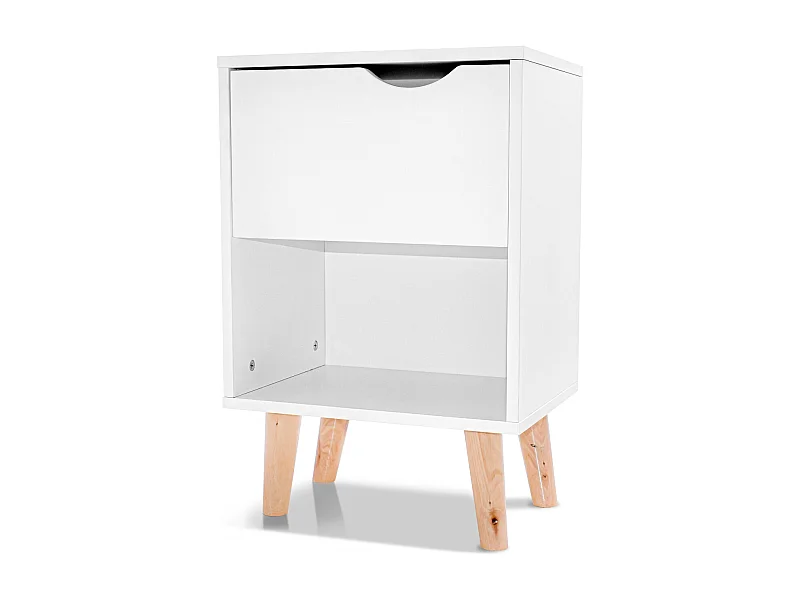 Andrea - Mesita de noche de diseño en madera con cajón y gran estante blanca con pies de madera de pino neutra.