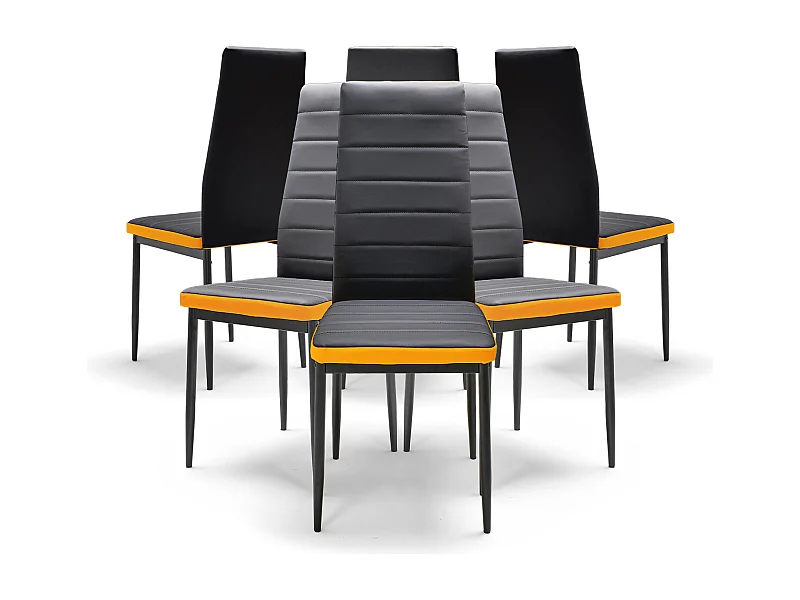 ATENE - Set di 6 sedie con schienale alto in letherette, stile moderno, nero e arancione
