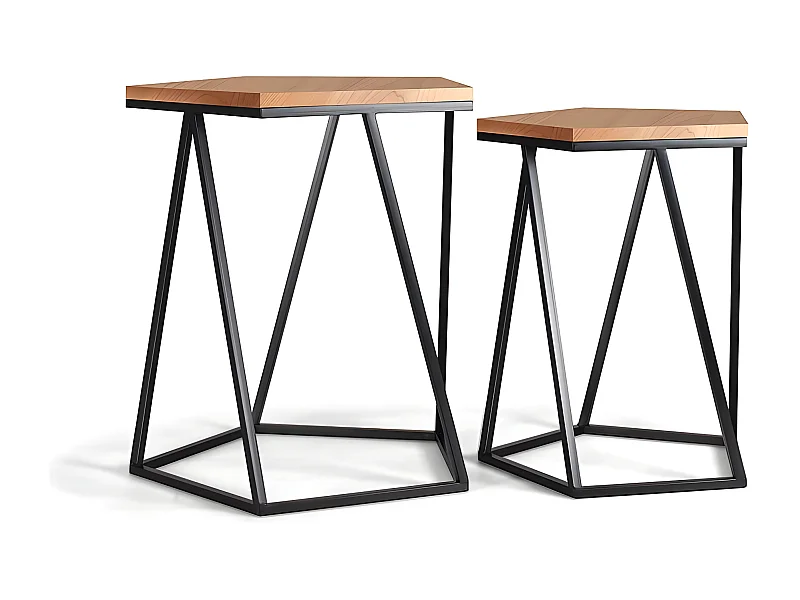 Conjunto de 2 mesas de centro em carvalho e ferro forjado em estilo industrial