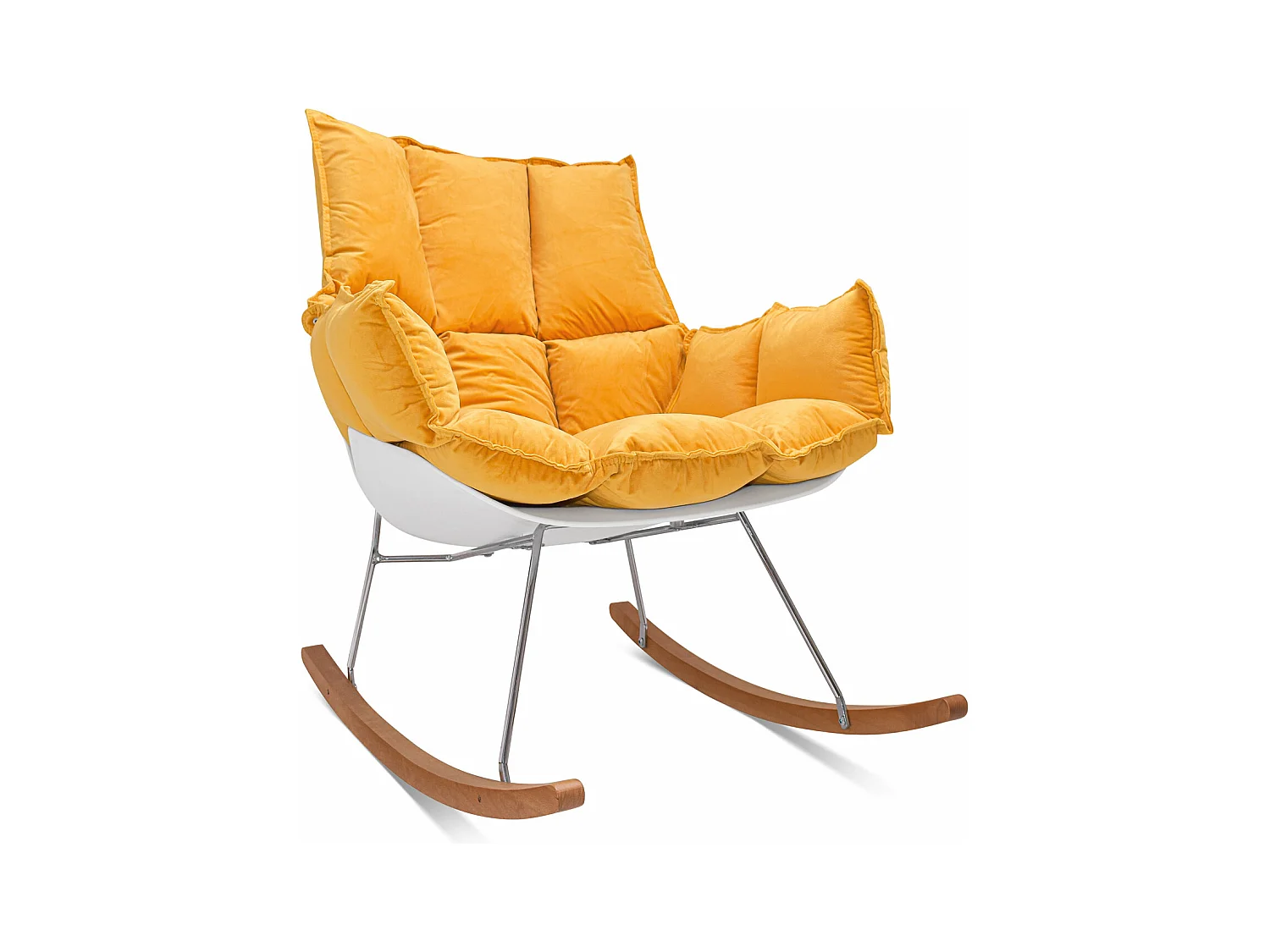 Santiago - Poltrona de Balanço Design em Pp e Madeira de Pinho. Cadeira de Baloiço com Almofada de Veludo Amarelo Delia Acolchoada e Acolchoada