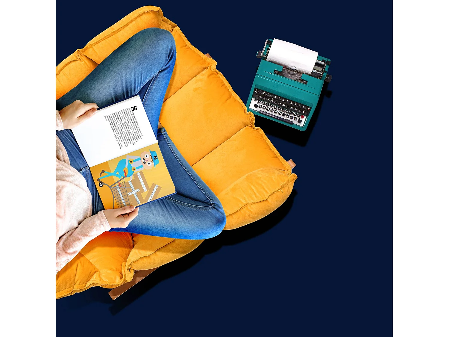 Santiago - Poltrona de Balanço Design em Pp e Madeira de Pinho. Cadeira de Baloiço com Almofada de Veludo Amarelo Delia Acolchoada e Acolchoada