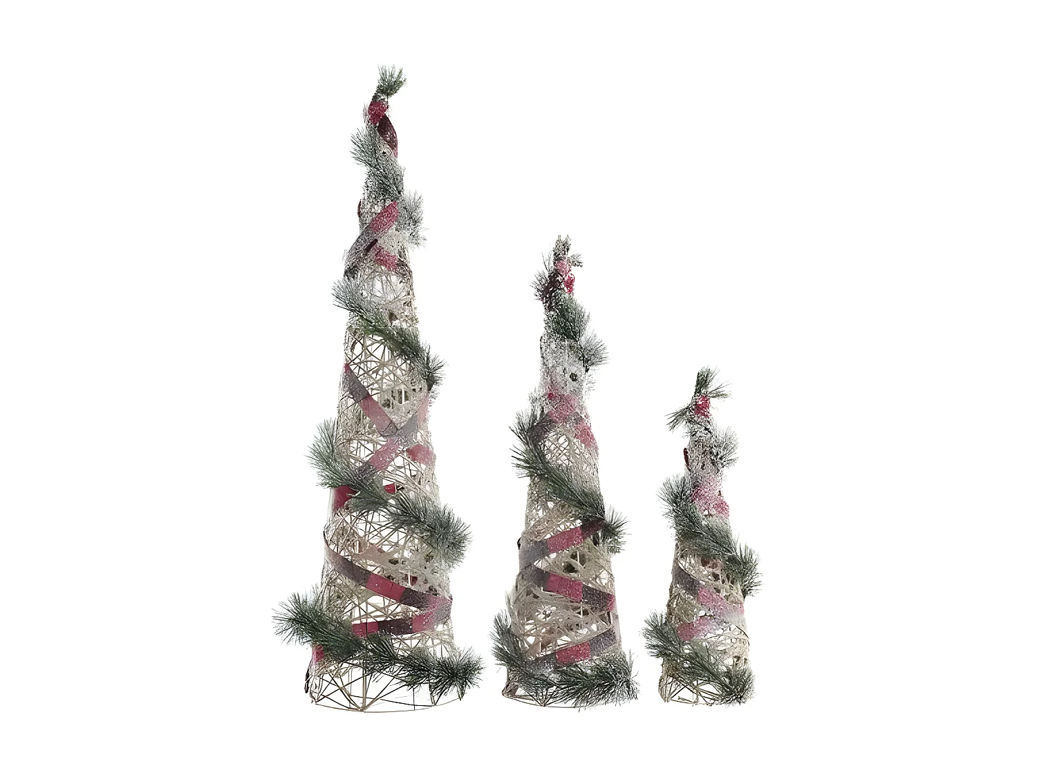 Decoração de Natal LED 3 Cone de Vime Nevado 80 cm - Luzes a Pilhas, Vermelho Verde Natural