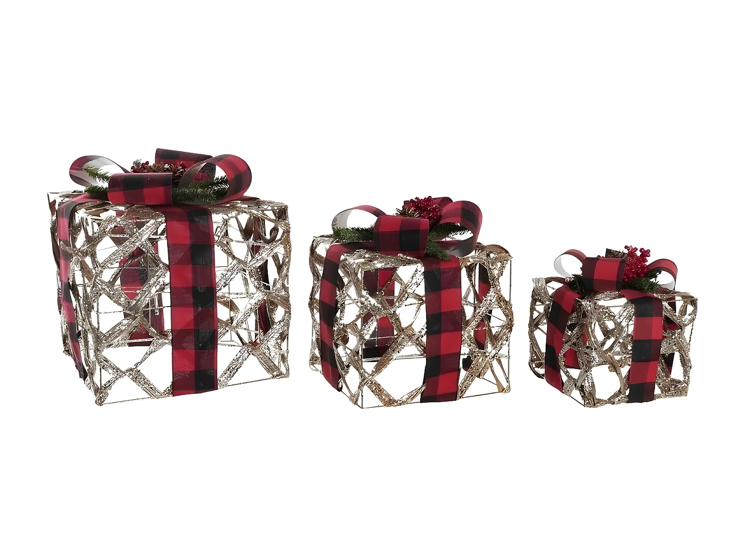 Conjunto de 3 caixas decorativas LED em rattan prateado, preto e vermelho com glitter, 25x25x30 cm, iluminação a pilhas AAA