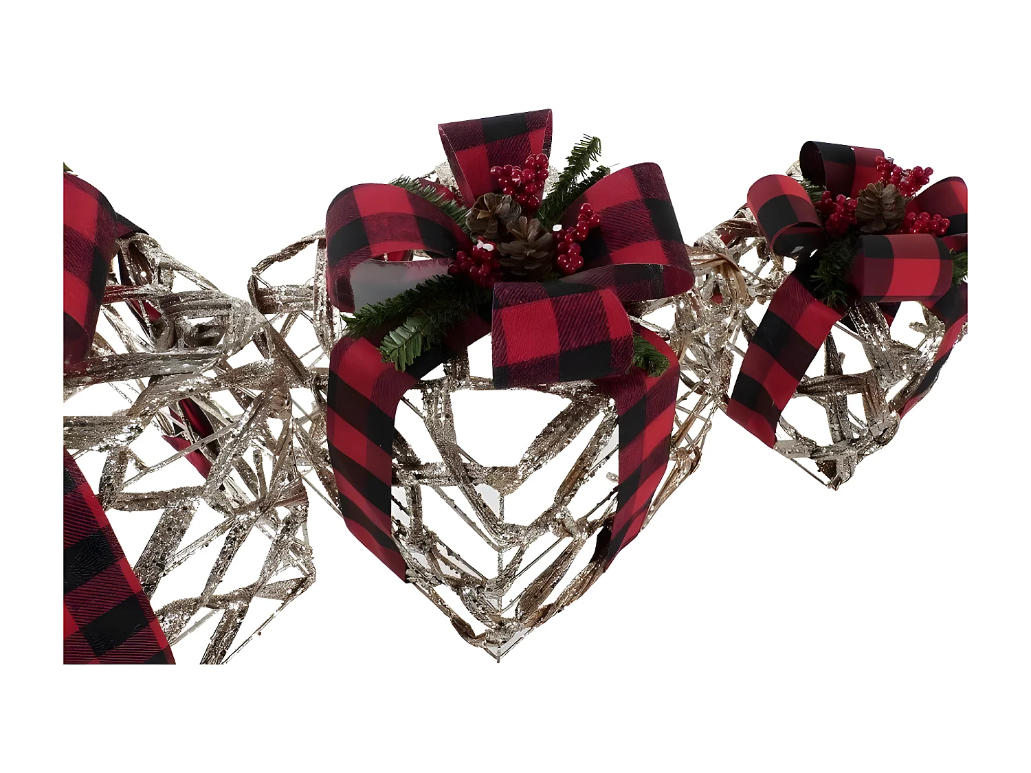 Conjunto de 3 caixas decorativas LED em rattan prateado, preto e vermelho com glitter, 25x25x30 cm, iluminação a pilhas AAA