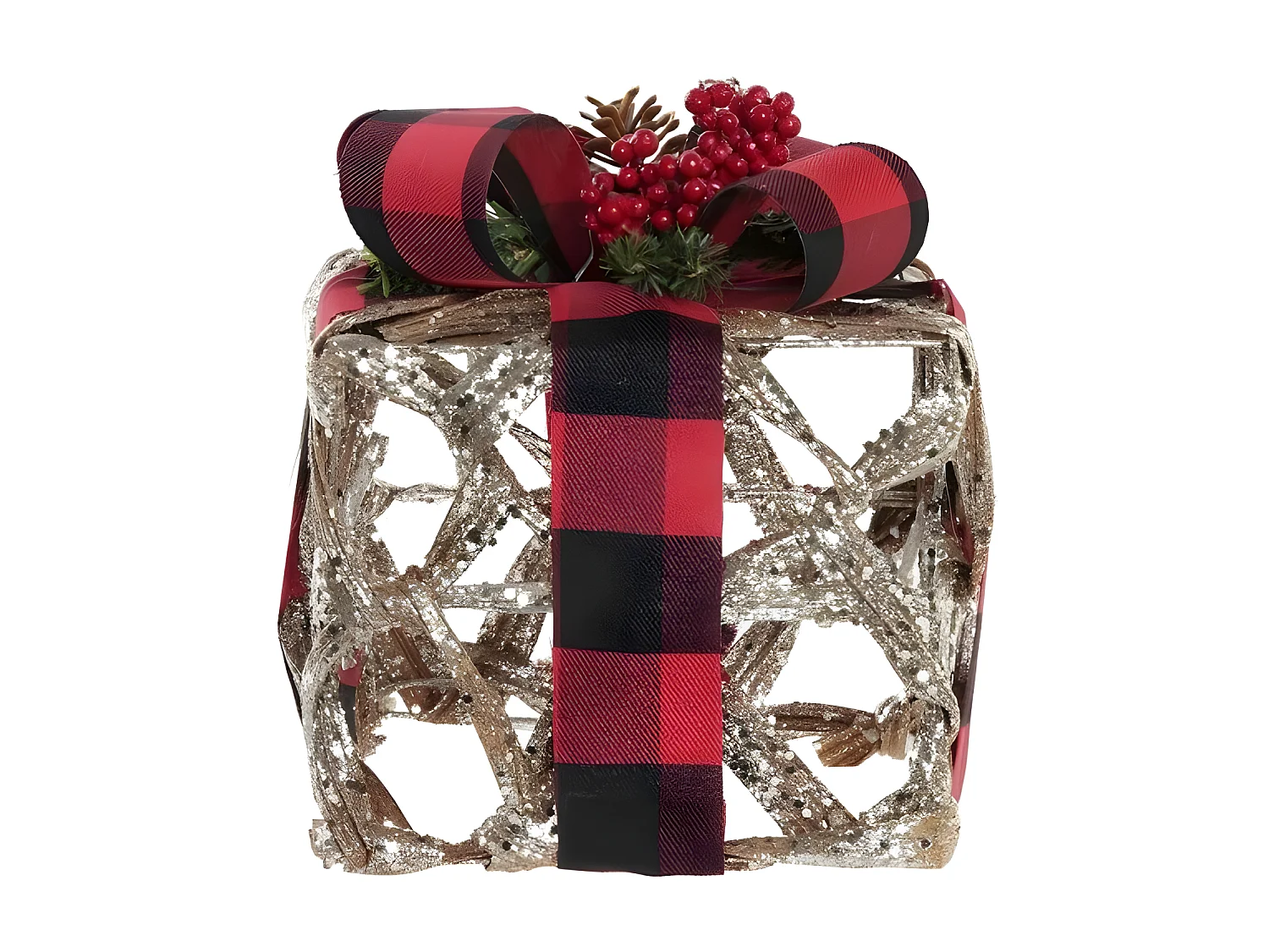 Conjunto de 3 caixas decorativas LED em rattan prateado, preto e vermelho com glitter, 25x25x30 cm, iluminação a pilhas AAA