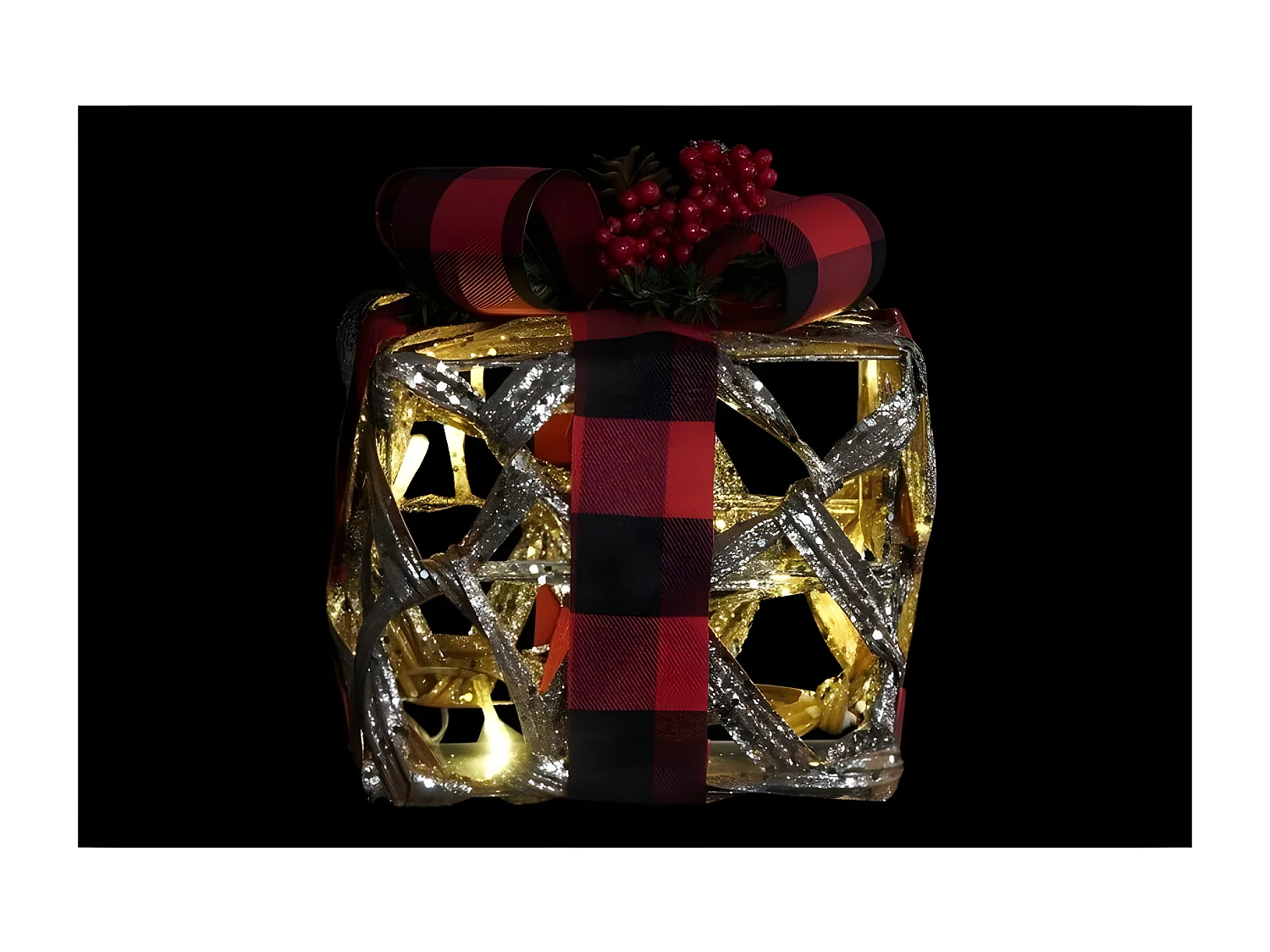 Conjunto de 3 caixas decorativas LED em rattan prateado, preto e vermelho com glitter, 25x25x30 cm, iluminação a pilhas AAA