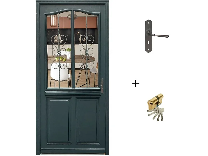 Porte d'entree Bois vitree, Sabrina , gris RAL7016, H,215xl,90  p,gauche  Cote Tableau + Poignee Et Barillet (ref 010403FP)