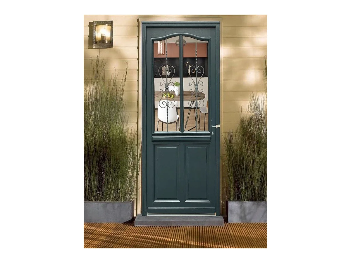 Porte d'entree Bois vitree, Sabrina , gris RAL7016, H,215xl,90  p,gauche  Cote Tableau + Poignee Et Barillet (ref 010403FP)