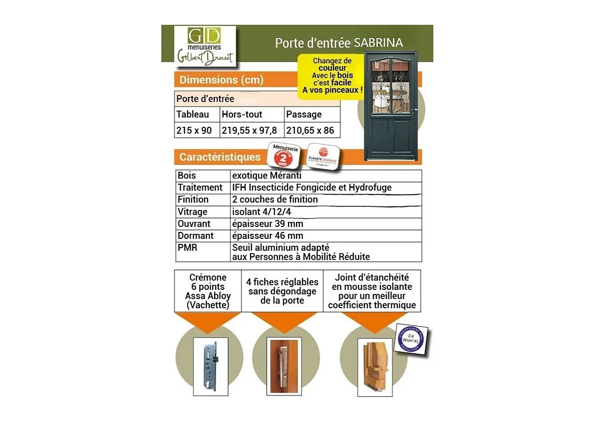 Porte d'entree Bois vitree, Sabrina , gris RAL7016, H,215xl,90  p,gauche  Cote Tableau + Poignee Et Barillet (ref 010403FP)