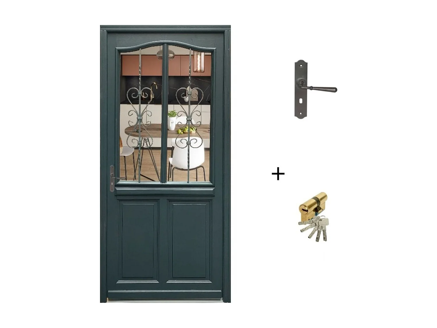 Porte d'entree Bois vitree, Sabrina, gris RAL7016, H,215xl,90 p, droit Cote Tableau + Poignee Et Barillet(ref 010403FP)