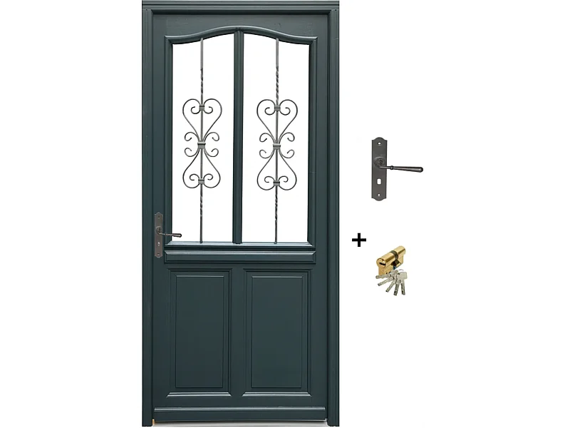 Porte d'entree Bois vitree, Sabrina, gris RAL7016, H,215xl,90 p, droit Cote Tableau + Poignee Et Barillet(ref 010403FP)