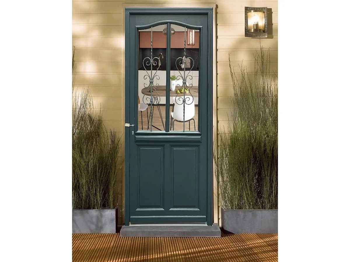 Puerta de entrada de madera con cristal Sabrina gris antracita, H.215xL.90 cm, con tablero lateral, puerta derecha, GD MENUISERIES sin manilla