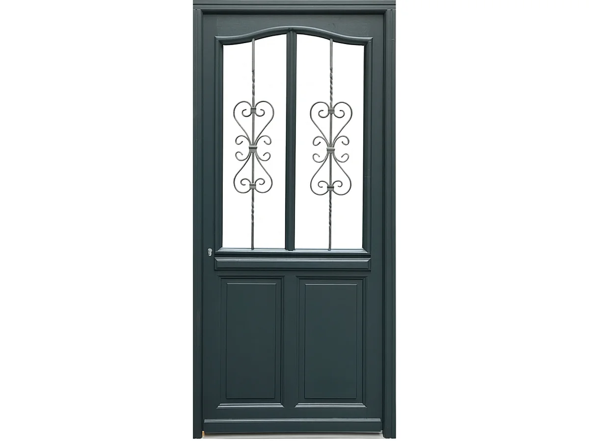 Puerta de entrada de madera con cristal Sabrina gris antracita, H.215xL.90 cm, con tablero lateral, puerta derecha, GD MENUISERIES sin manilla