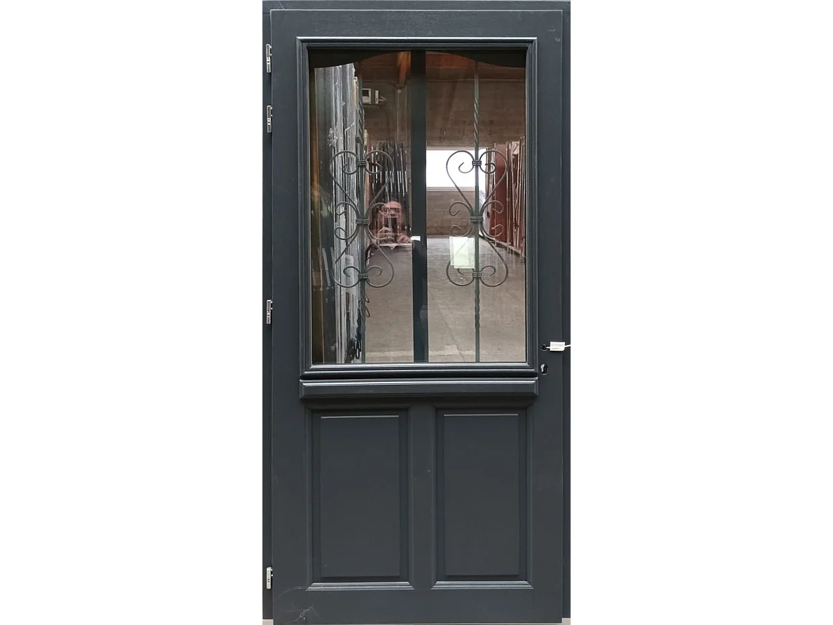 Puerta de entrada de madera con cristal Sabrina gris antracita, H.215xL.90 cm, con tablero lateral, puerta derecha, GD MENUISERIES sin manilla