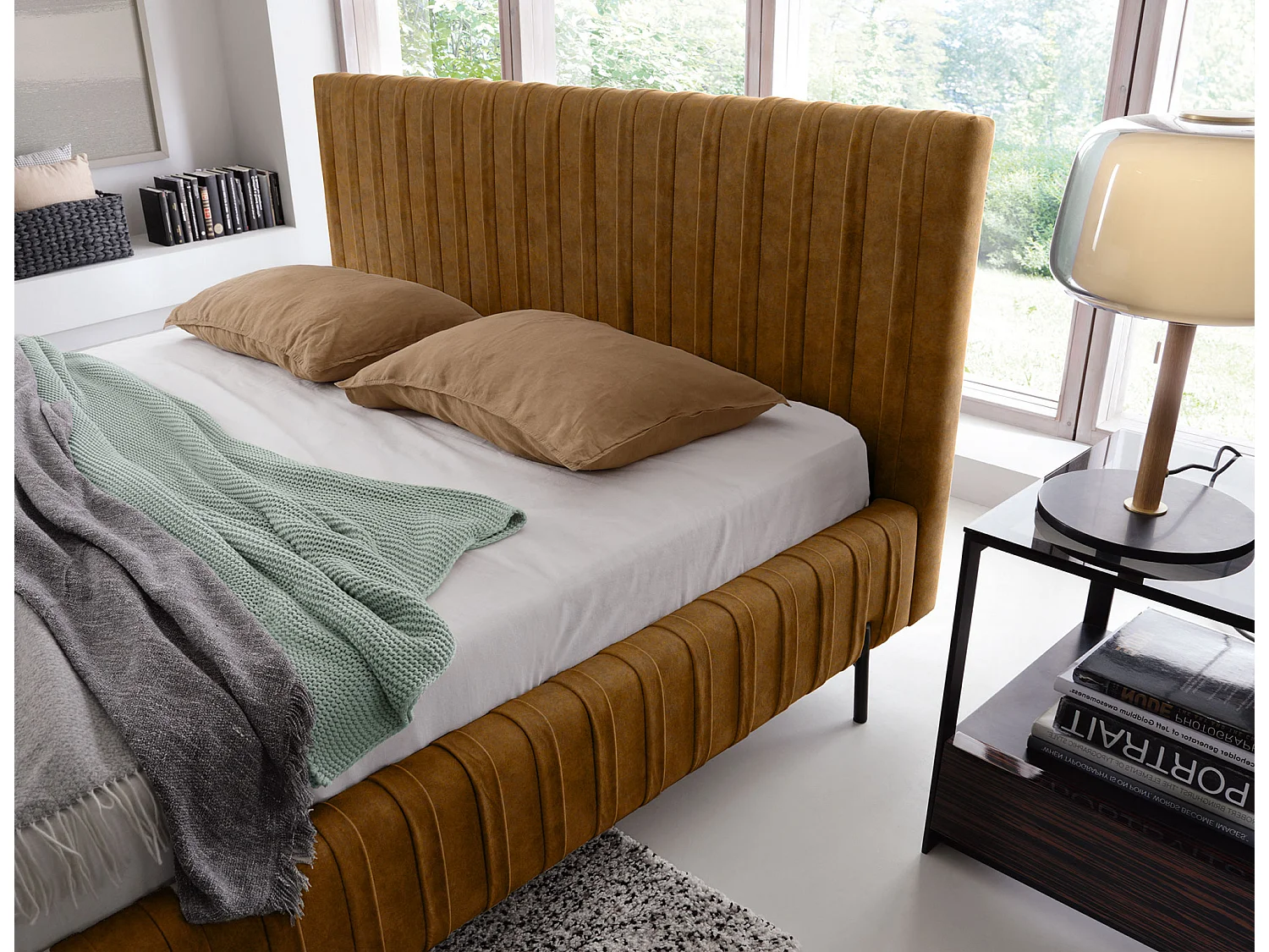 Lit coffre Plika prestige – Design et tissu pour un confort absolu-Couleur Jaune chamoix-140x200