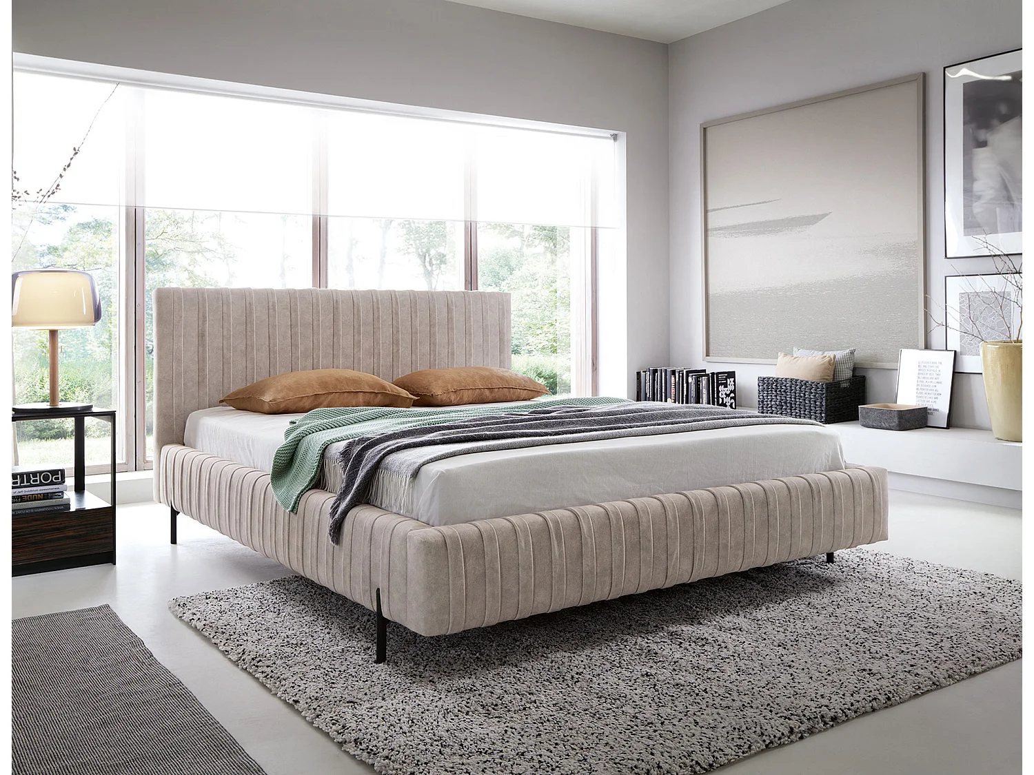 Lit coffre Plika prestige – Design et tissu pour un confort absolu-Couleur Beige clair-140x200