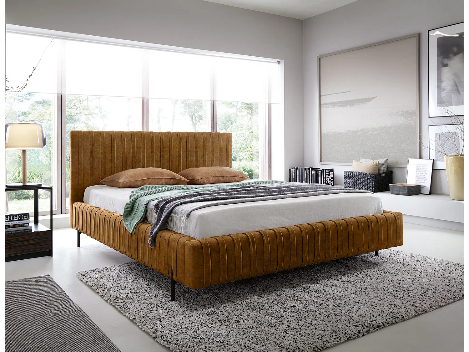 Lit coffre Plika prestige – Design et tissu pour un confort absolu-Couleur Jaune chamoix-180x200