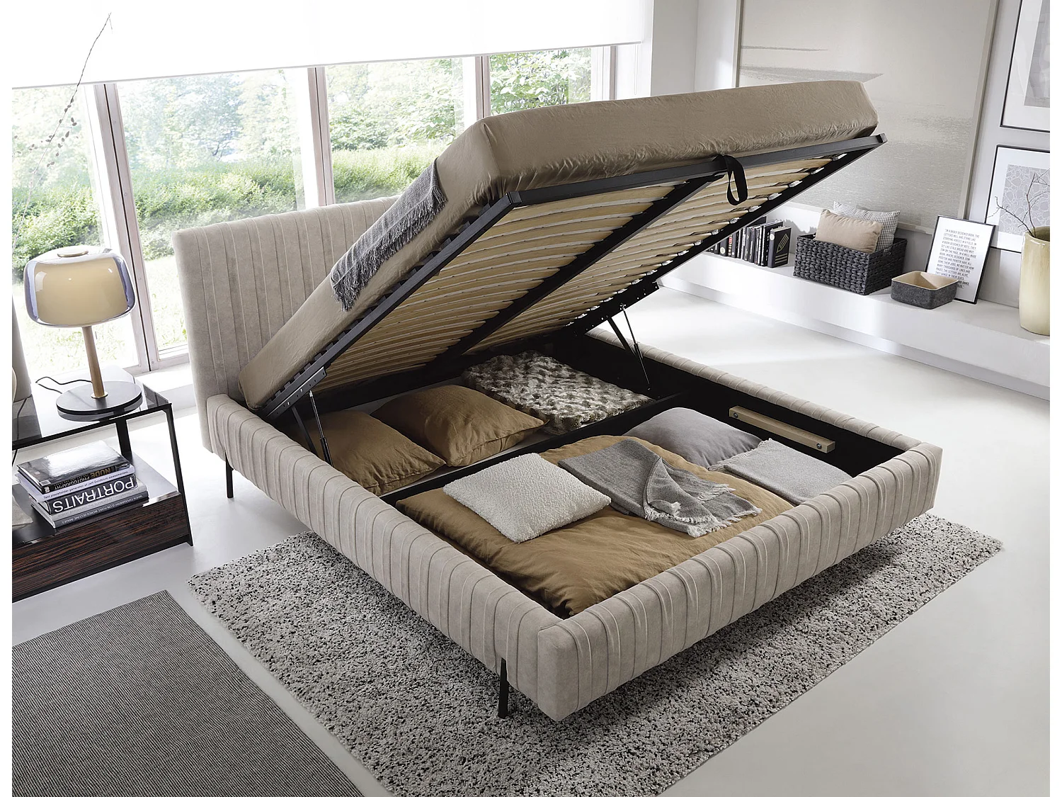 Plika prestige opbergbed – Hoogwaardig design en stof voor absoluut comfort-Kleur Licht beige-Slapen 180x200cm