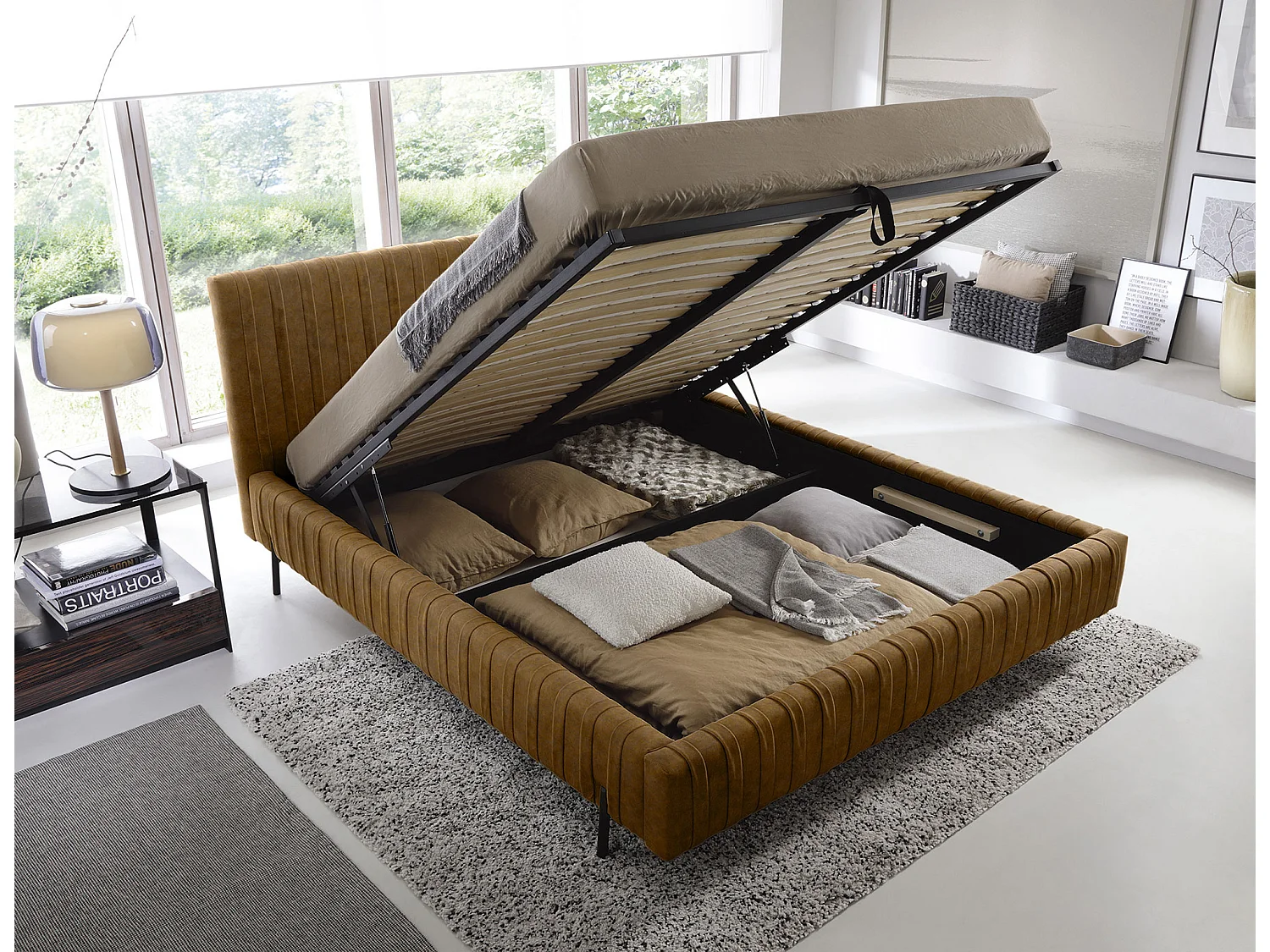 Lit coffre Plika prestige – Design et tissu pour un confort absolu-Couleur Jaune chamoix-160x200