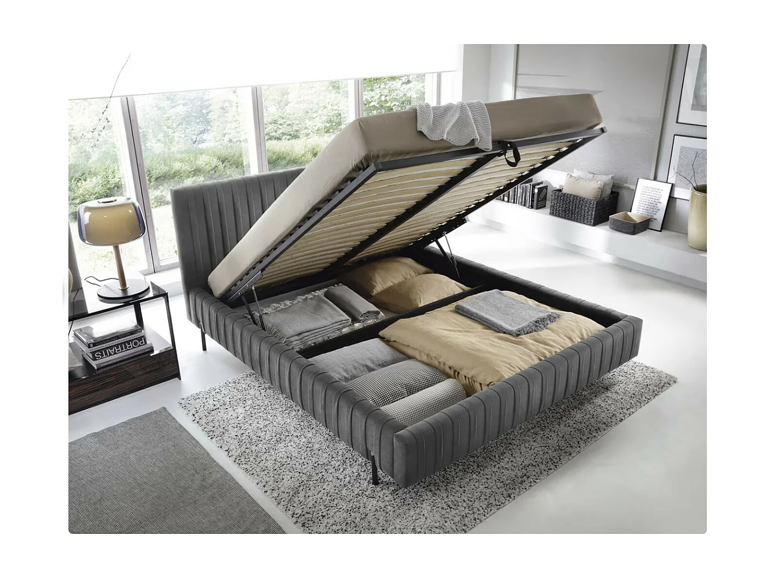 Lit coffre Plika prestige – Design et tissu pour un confort absolu-Couleur Gris foncé-140x200