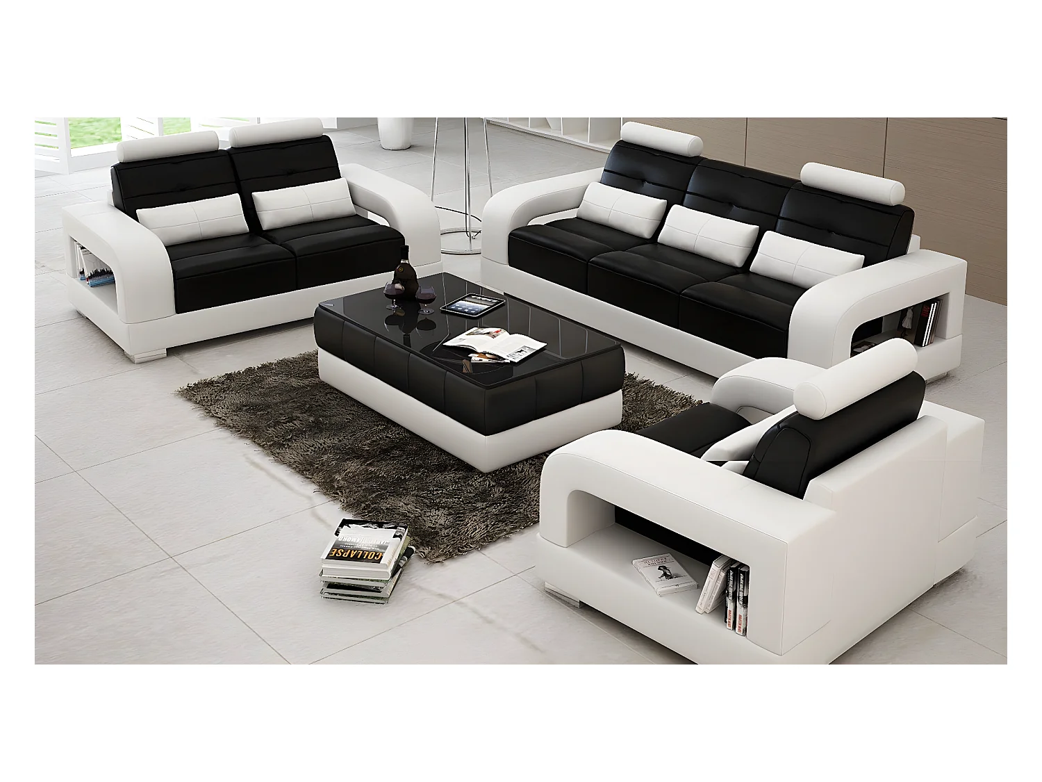 Schwarz-weiße Luxus Sofagarnitur 3+1+1 Sitzer stilvoll Neu